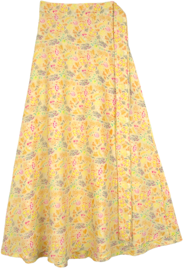 Beach Party Skirt in Yellow with Floral Print, Yellow Desire Floral Print Cotton Wrap Skirt