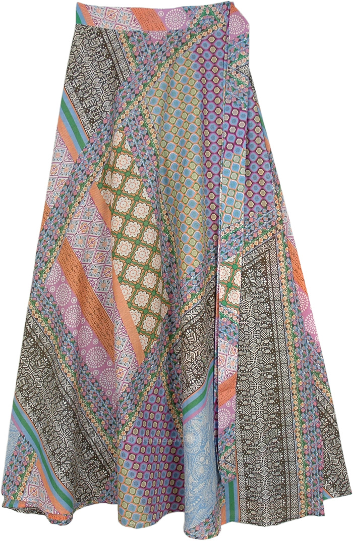 Soft Cotton Wrap Skirt with Multicolored Various Prints, Hippie Abstract Multi Print Cotton Wrap Skirt