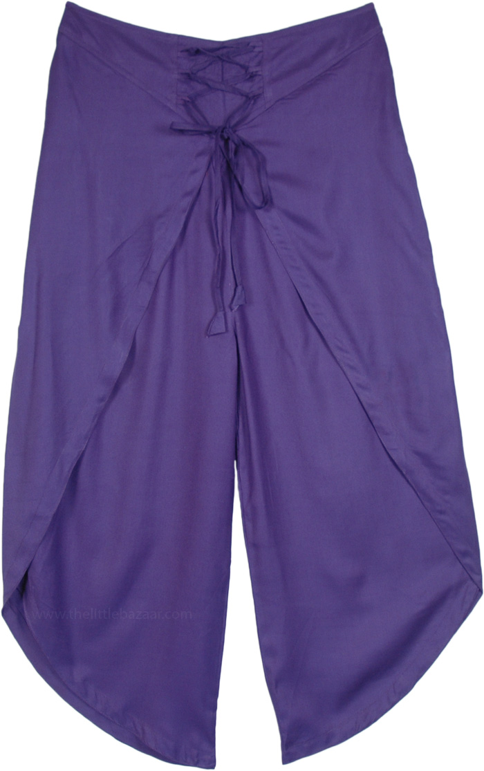 Purple Wide Leg Pants with Tie Up Lace, Open Leg Purple Overlap Pants with Front Tie Up Lace