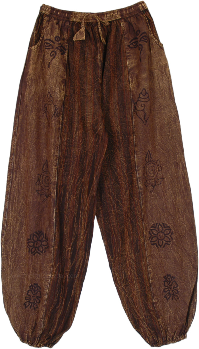 Airy Yoga Stonewashed Pants with Pockets, Bear Brown Block Printed Bohemian Harem Pants
