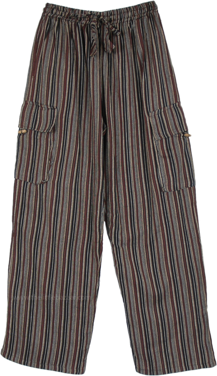 Striped Cotton Loose Fit Pants with Pockets, Brown Striped Unisex Bohemian Pants with Pockets