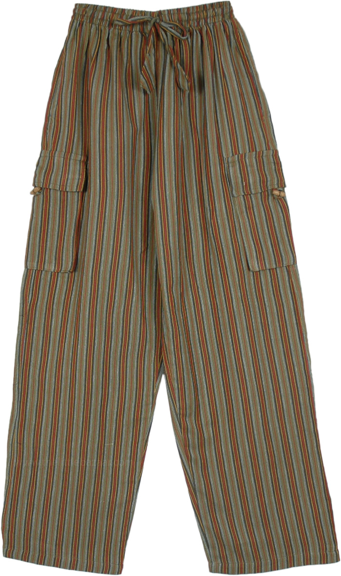 Green and Brown Striped Cotton Loose Fit Pants with Pockets, Green and Brown Jungle Book Striped Bohemian Pants