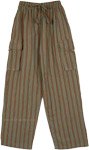 Green and Brown Striped Cotton Loose Fit Pants with Pockets [8921]