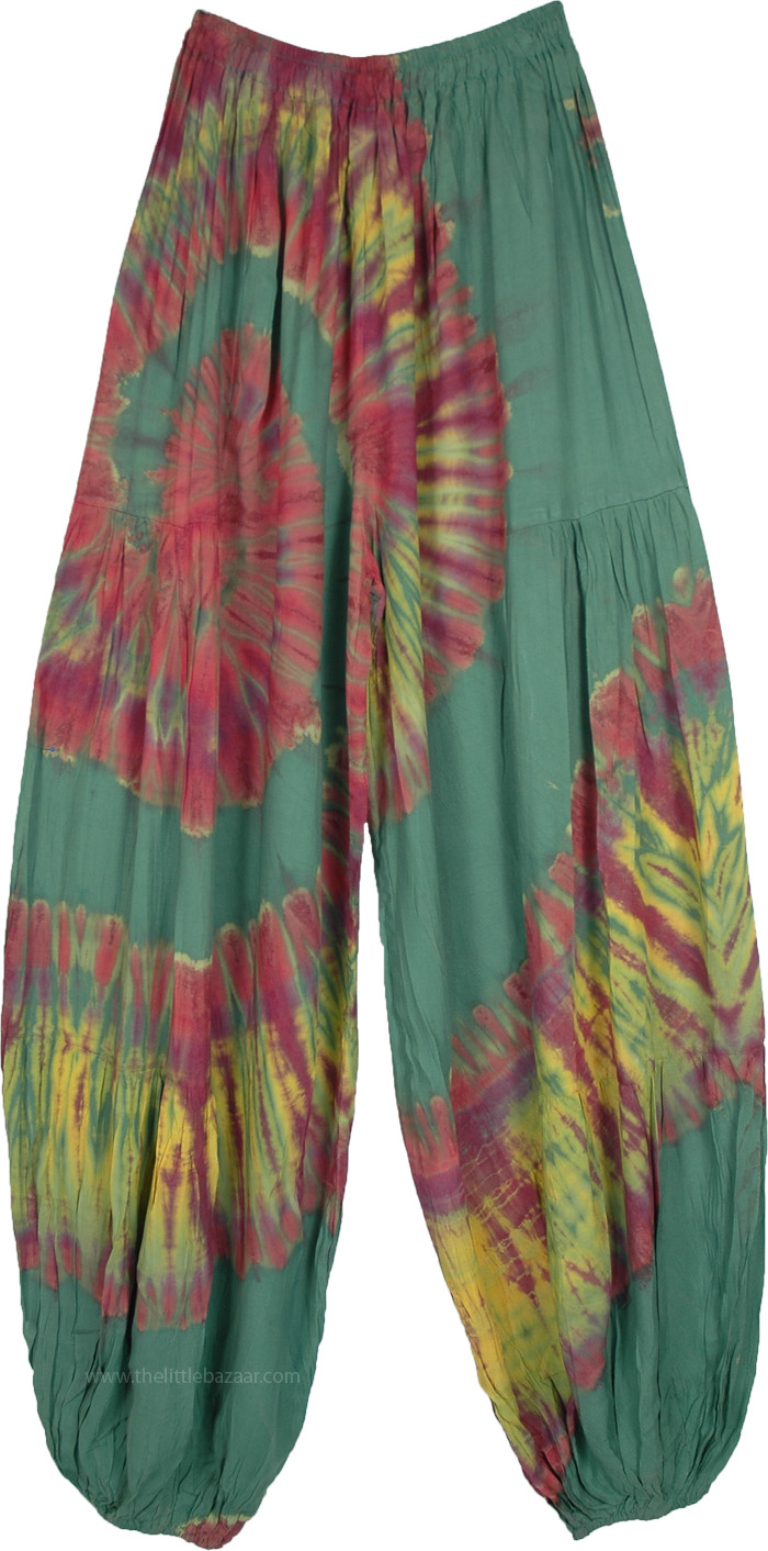 Tall Hippie Beach Pants in Green Rust Tie Dye Swirl, Long Swirly Sage Green Hippie Harem Pants For The Tall