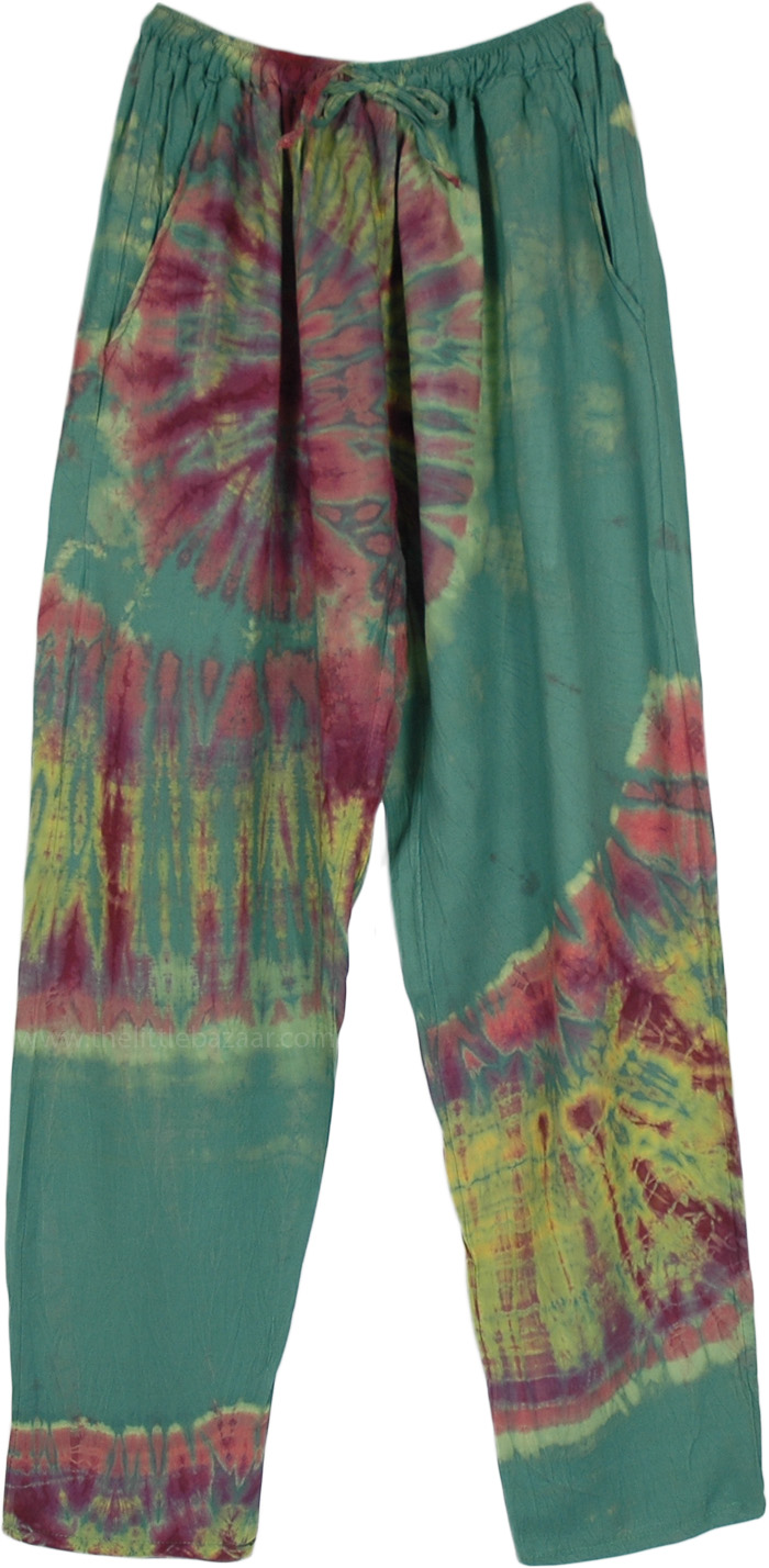 Sea Green with Multicolor Tie Dye Effect Comfortable Rayon Pants, Green Jade Tie Dye Tapered Lounge Pants