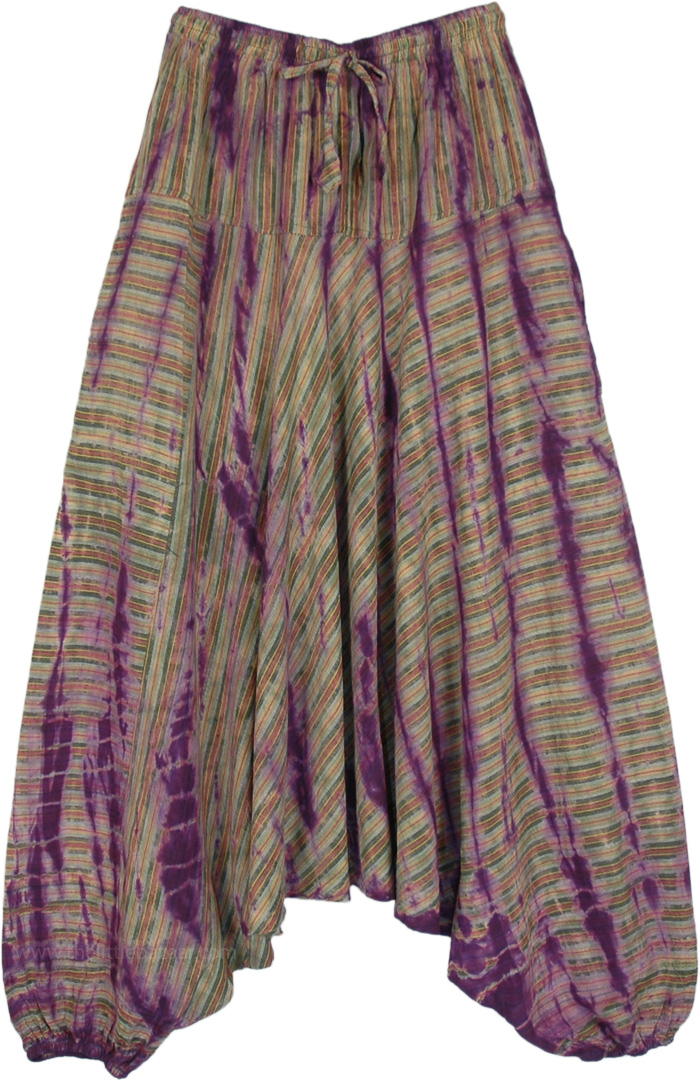 Striped Purple Cotton Unisex Aladdin Drop Crotch Pants, Hippie Green Bean Drop Crotch Cotton Pants with Accents