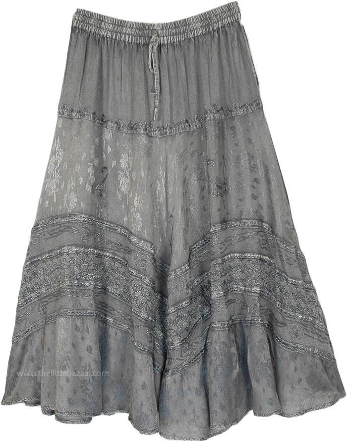 Stormy Skies Gypsy Rayon Long Skirt | Grey | Embroidered, Misses, Maxi ...