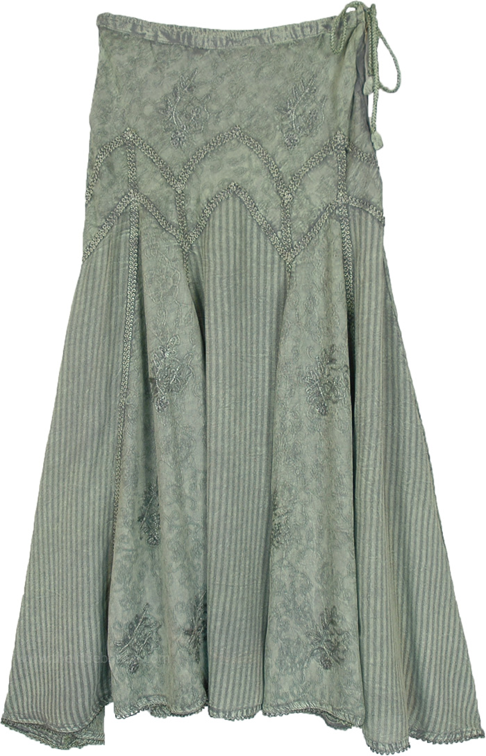 Rayon Green Skirt with Delicate Embroidery and Drawstring, Junior Sea Green Haze Western Style Skirt with Embroidery