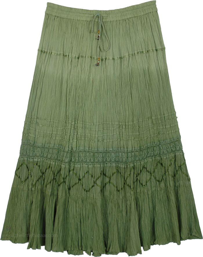 Ombre Green Womens Skirt in Cotton, Ombre Forest Crinkled Cotton Midi Skirt