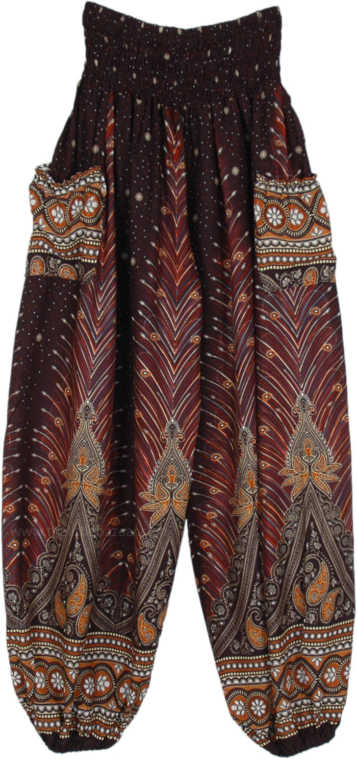 Black Brown Ethnic Peacock Printed Smocked Harem Pants | Black | Split ...