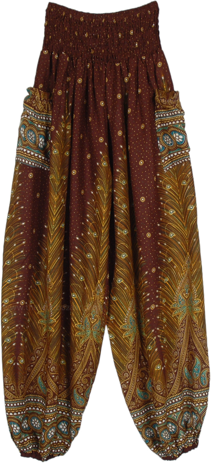Brown and Bronze Smocked Waist Ethnic Style Hippie Pants, Brown and Bronze Smocked Harem Pants with Ethnic Peacock Print