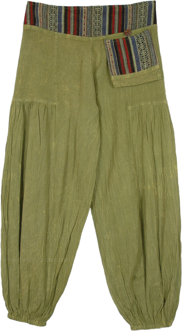 Unisex Harem Pants in Olive Green with Waist Pouch Pocket, Olive Cotton Gypsy Harem Pants with Waist Pocket