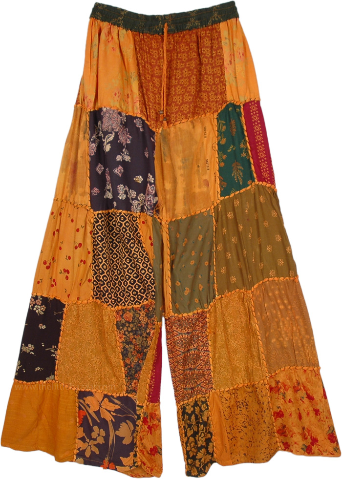 Sunset Orange Patchwork Wide Leg Dori Pants, Orange