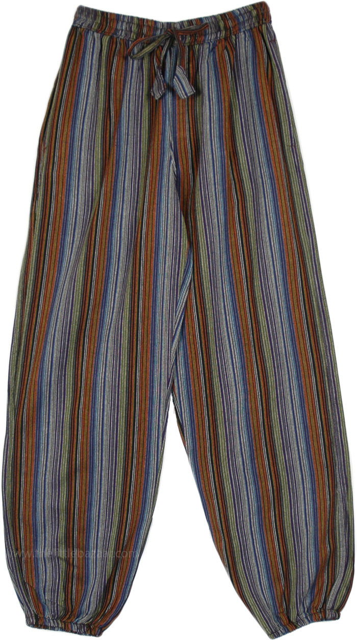Cotton Striped Hippie Pants with Elastic Waist and Pockets, Suburban Chic Striped Cotton Pants with Pockets