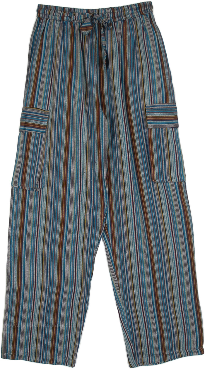 Ocean Blue Boho Casual Cotton Cargo Pants