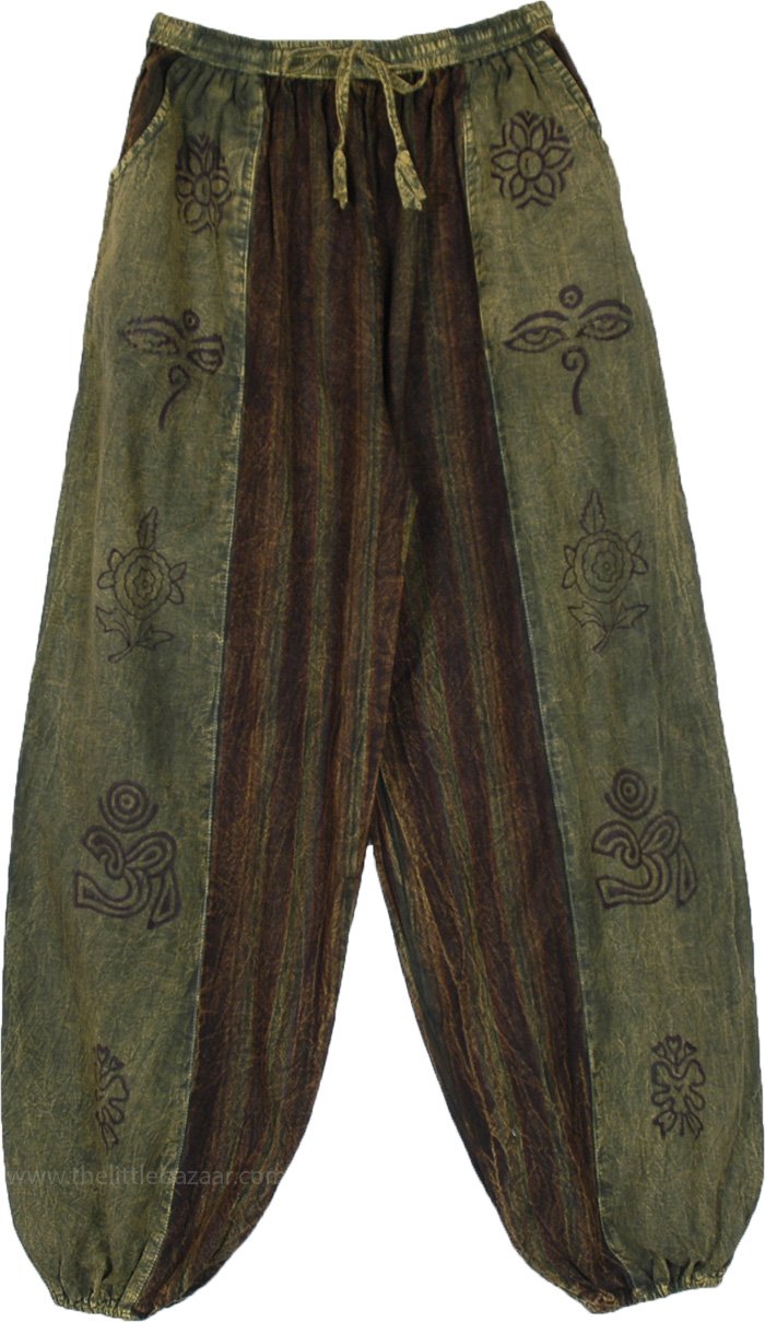 indie Green Bohemian Harem Yoga Pants Green Split Skirts Pants Stonewash Pocket Yoga Vacation Bohemian
