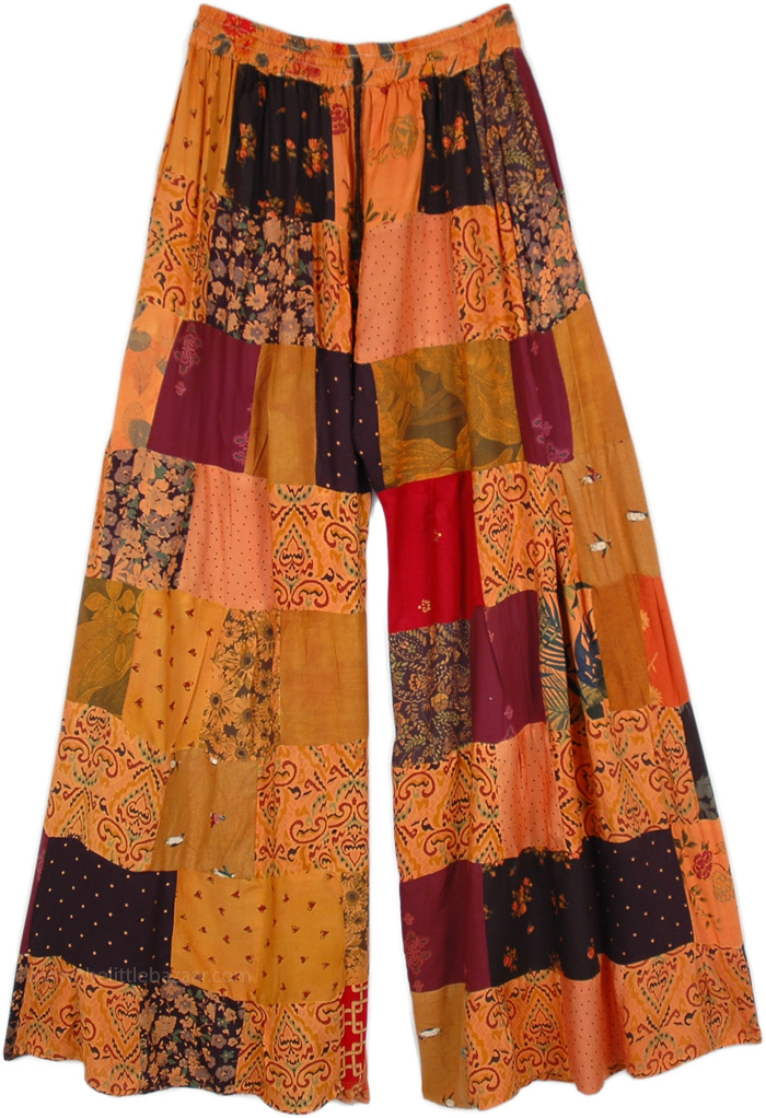 Orange Ice Candy Rayon Patchwork Boho Trousers, Orange