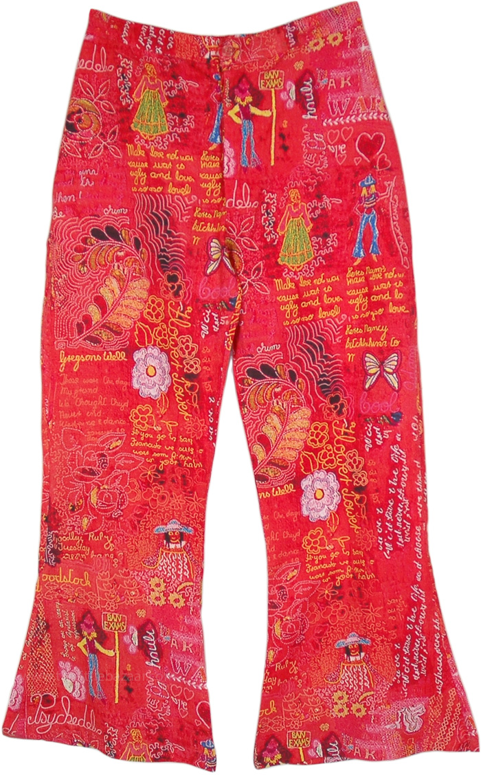 Scribbled Hippe Summer Pants with Pattered Prints, Hippie Scarlett Red Graffiti Pants
