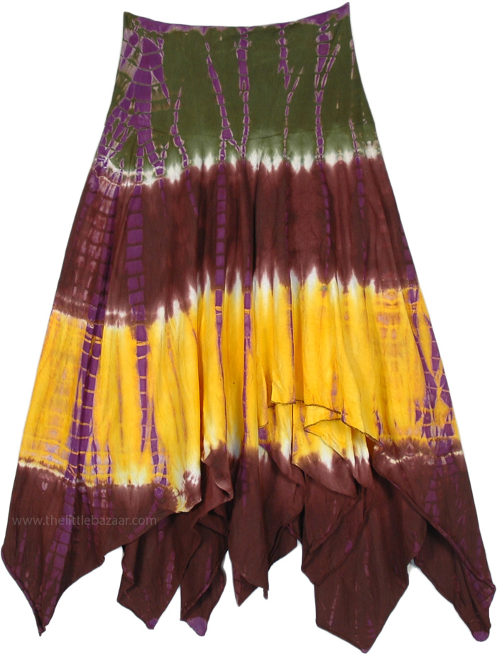 Boho Chic Asymmetrical Skirt with Tie Dye Details, Tricolor Summer Fun Tie Dye Skirt with Uneven Hem