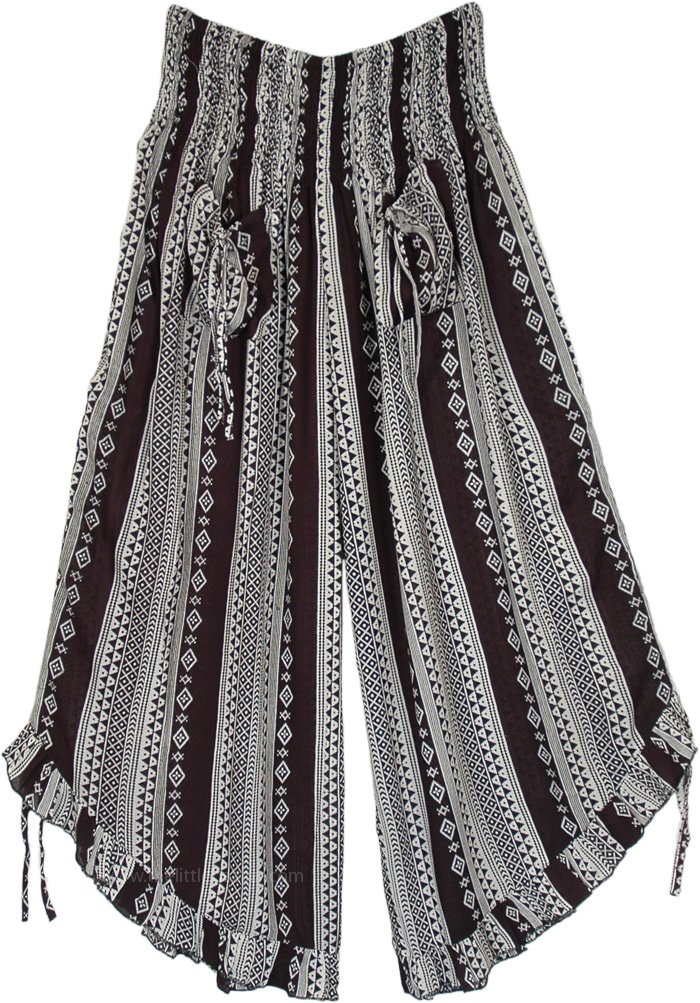 Flared Hem Tribal Style Calf Length Culotte Pants, Black and White Smocked Gaucho Pants with Pockets
