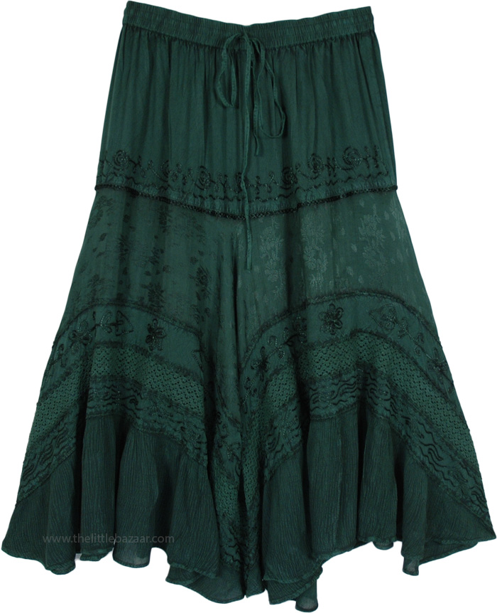 Bottle Green Voyage Maxi Skirt with Floral Embroidery