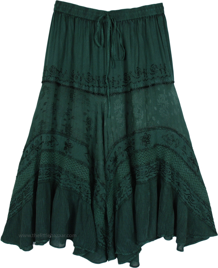 Bottle Green Voyage Maxi Skirt with Floral Embroidery