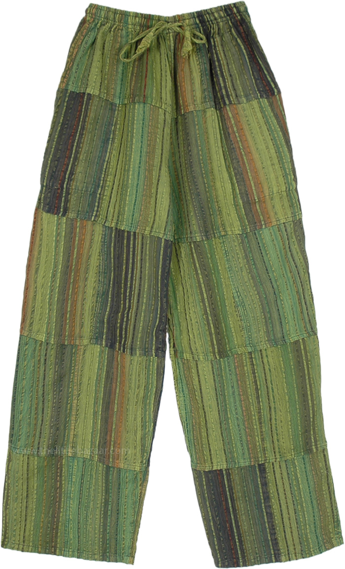 Breathable Unisex Trousers in Cotton with Pockets, Short Petite Seaweed Striped Bohemian Cotton Pants in Shaded Green