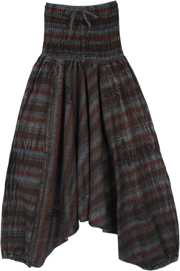 Stonewashed Striped Grey Aladdin Style Smocked Pants