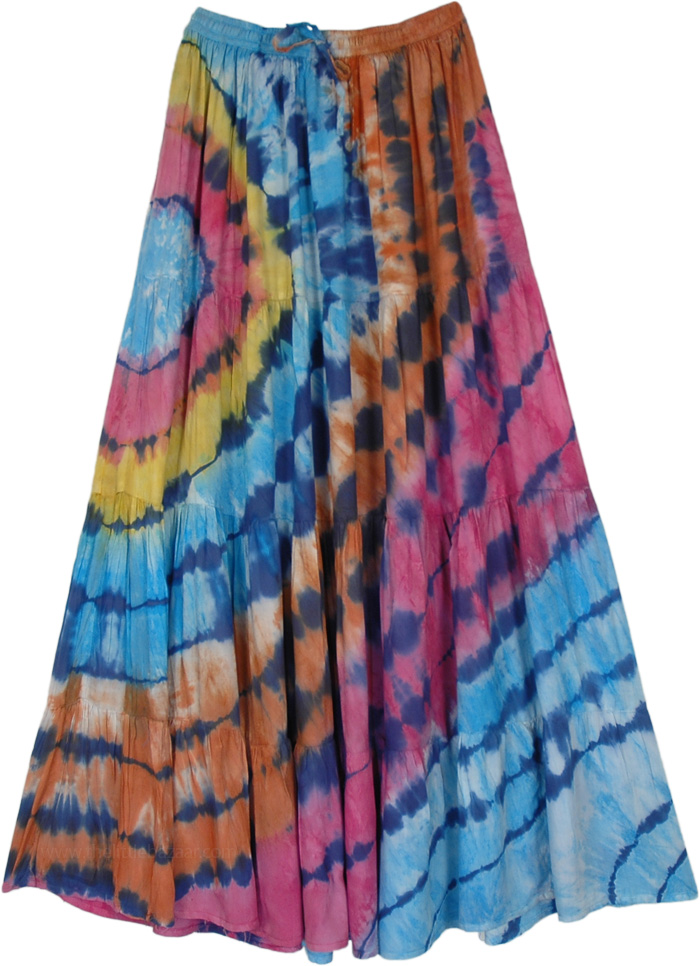 Hippie Waves Tie Dye Long Summer Skirt, Colorful Seismic Tie Dye Long Hippie Skirt