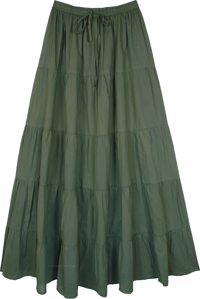 Summer Fun Tiered Full Long Cotton Skirt, Sage Beauty Extra Long Cotton Tiered Skirt