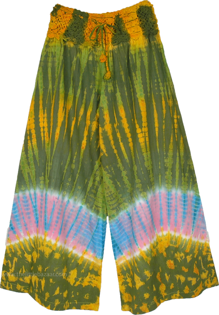 Tropical Bohemian Stylish Flare Pants with Tie Dye, Wonderland Blossom Tie Dye Hippie Pants with Crochet Yoke