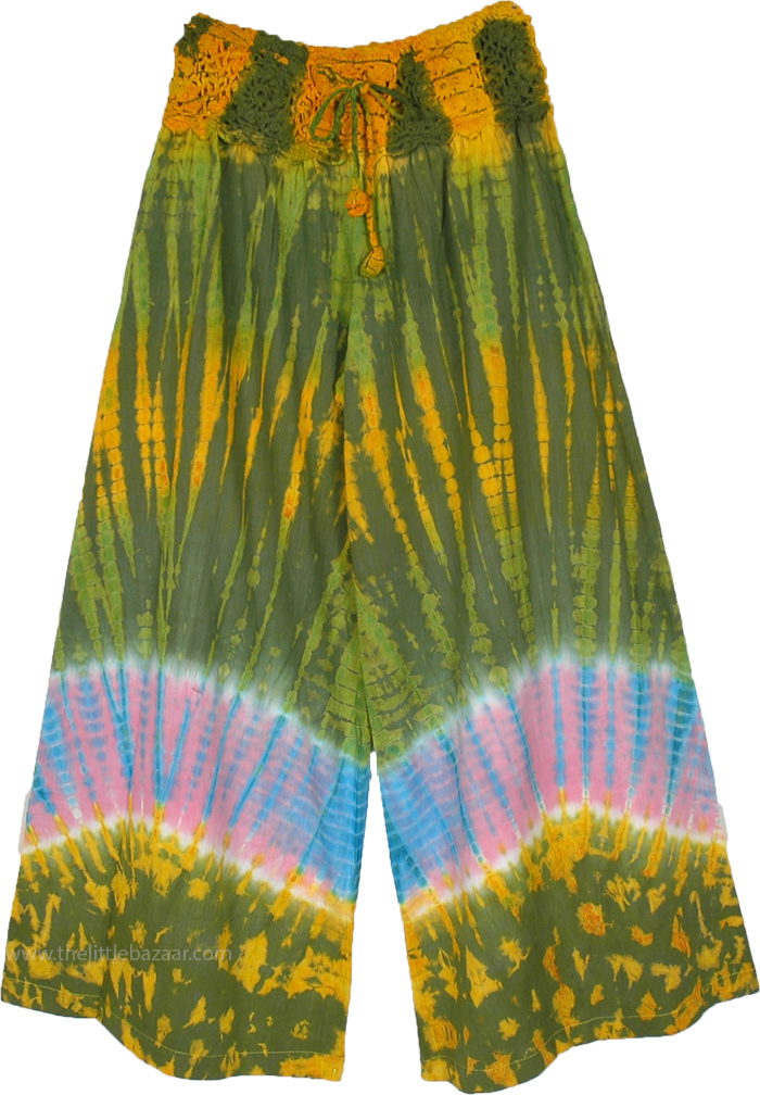 Wonderland Blossom Tie Dye Hippie Pants with Crochet Yoke