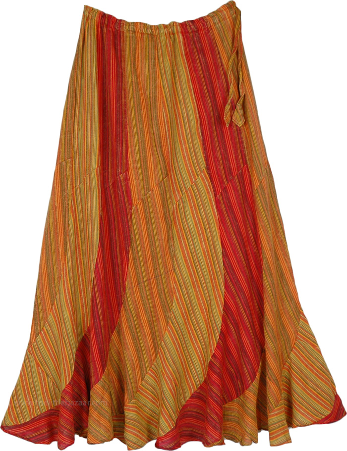 Warm Toned Striped Cotton Long Skirt with Elastic Waist, Carnival Of Love Spiral Cut Long Drawstring Skirt