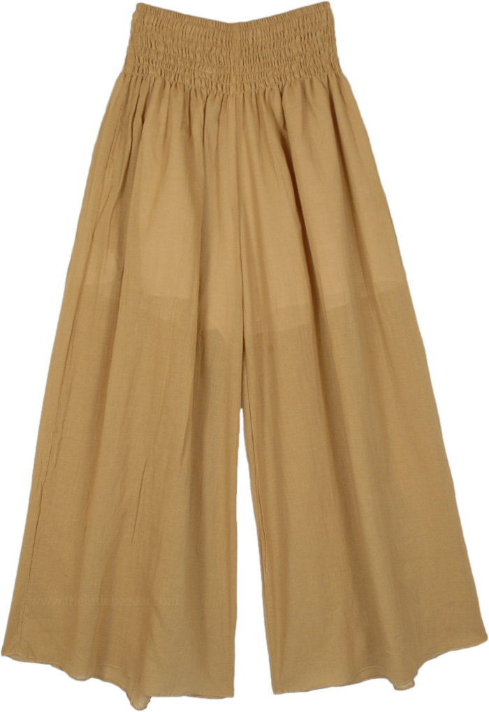 Smooth Mocha Wide Leg Palazzo Pants With Shirred Waist Beige Split