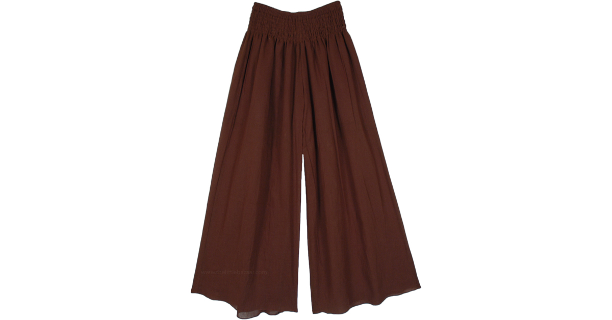 Dark Coffee Brown Palazzo Pants with Smocked Waist | Brown | Split ...