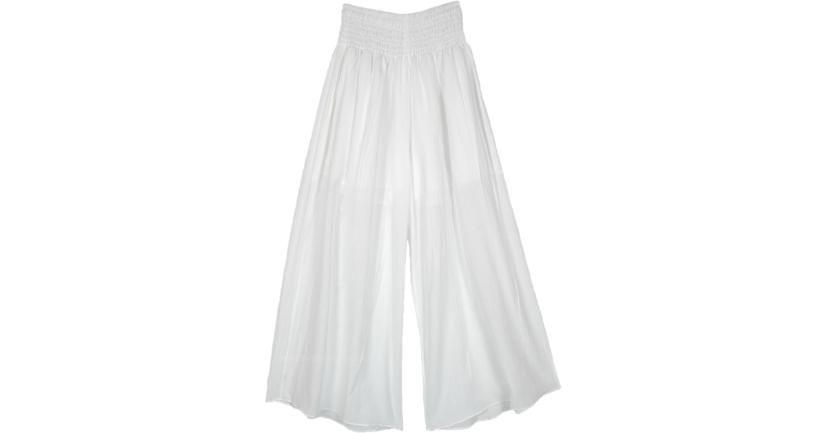Frothy White Palazzo Pants with Smocked Elastic Waist  display picture 2