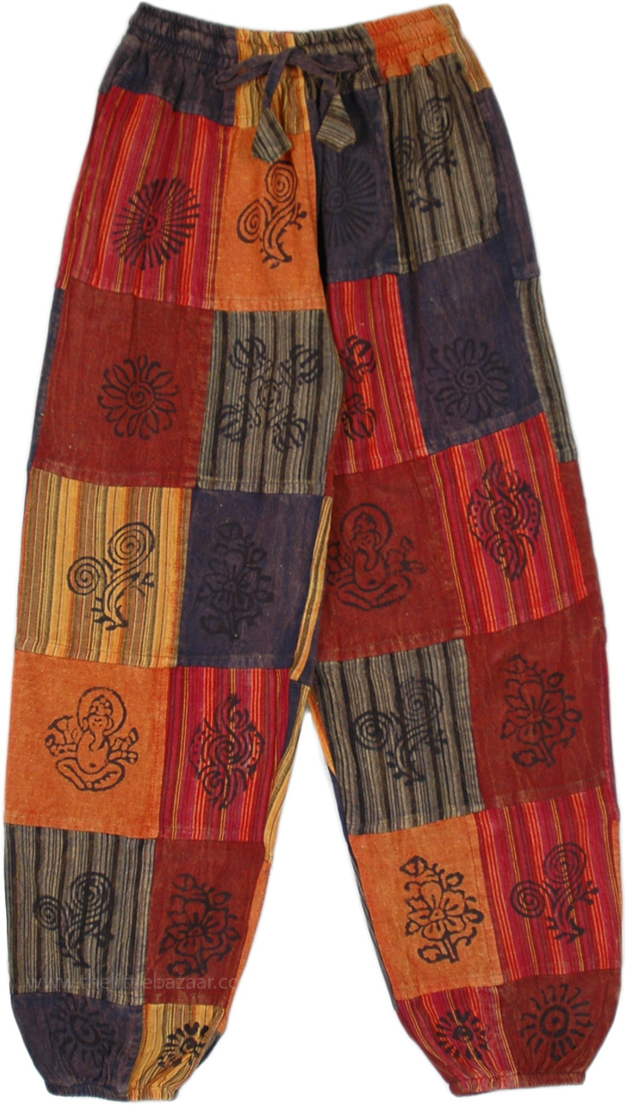 Stonewashed Cotton Striped Patchwork Pants with Hippie Style Stamps, Bright Soul Rouge Patchwork Harem Pants