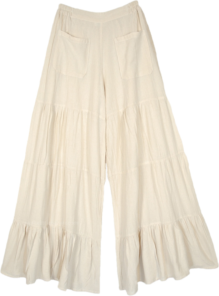 Elegant Loose Pants with Flared Bottom and Front Pockets, Natural Bohemian Wide Leg Khadi Flared Trousers
