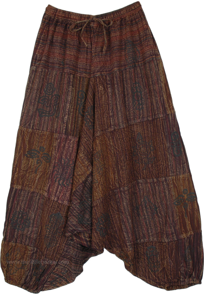 Stonewashed Monochromatic Brown Loose Pants, Himalayan Walnut Harem Pants with Traditional Motifs