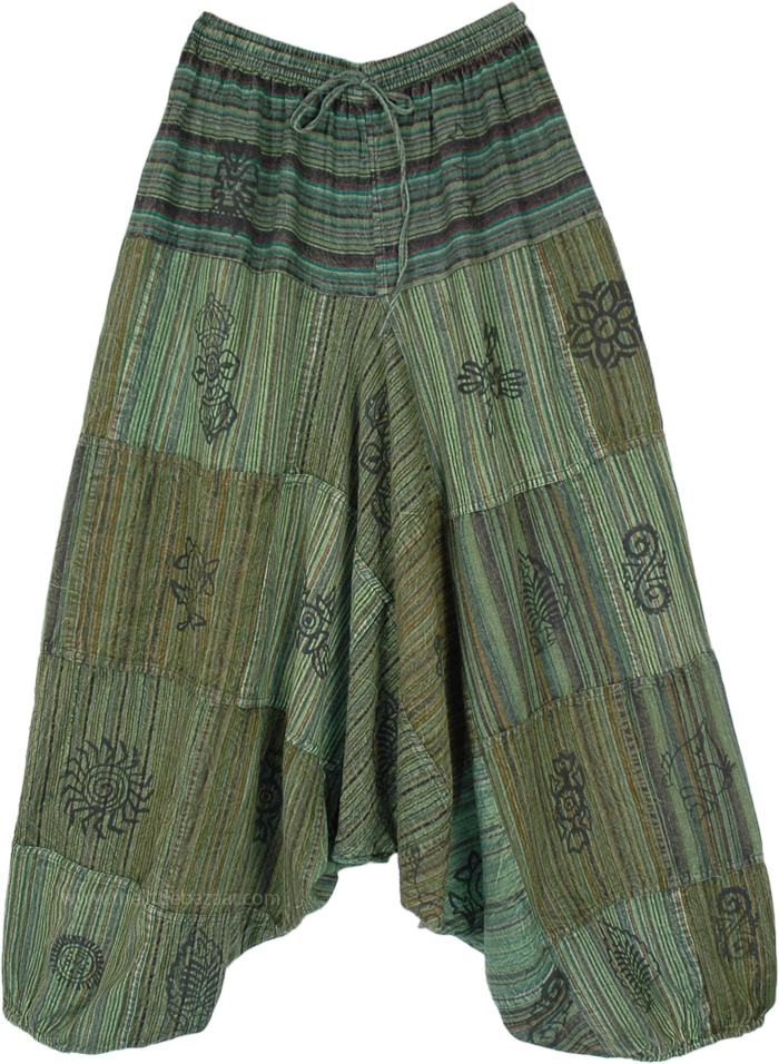 Striped Patchwork Green Aladdin Pants with Symbols | Green | Split ...