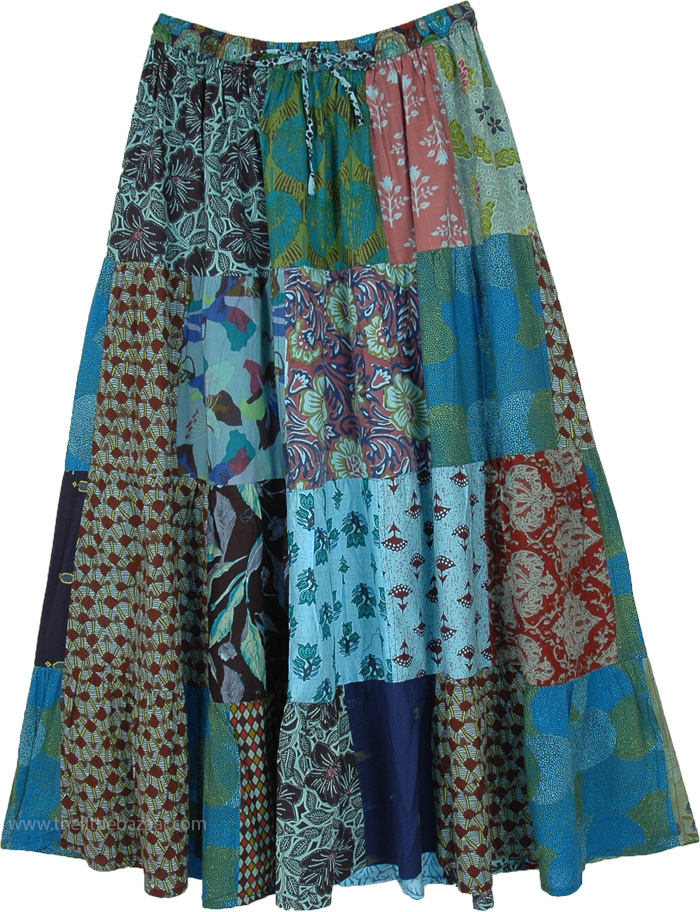 Assorted Motif Printed Summer Patchwork Skirt , Puerto Rico Teal Cotton Patchwork Long Skirt