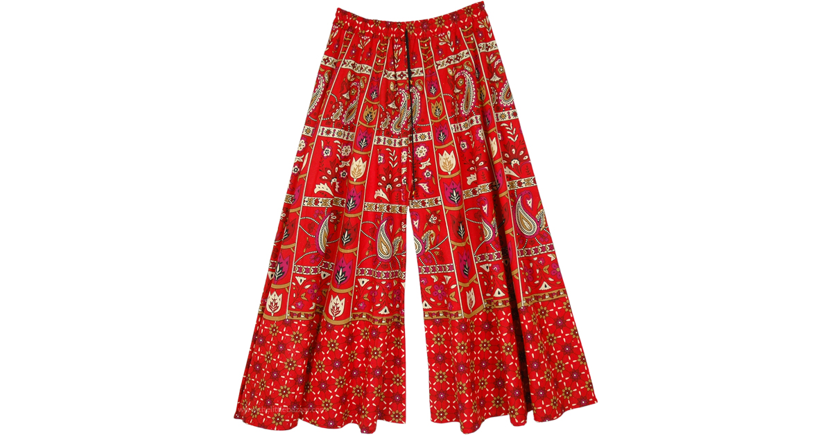 Royalty Vibes Bright Red Printed Wide Leg Pants | Red | Split-Skirts ...