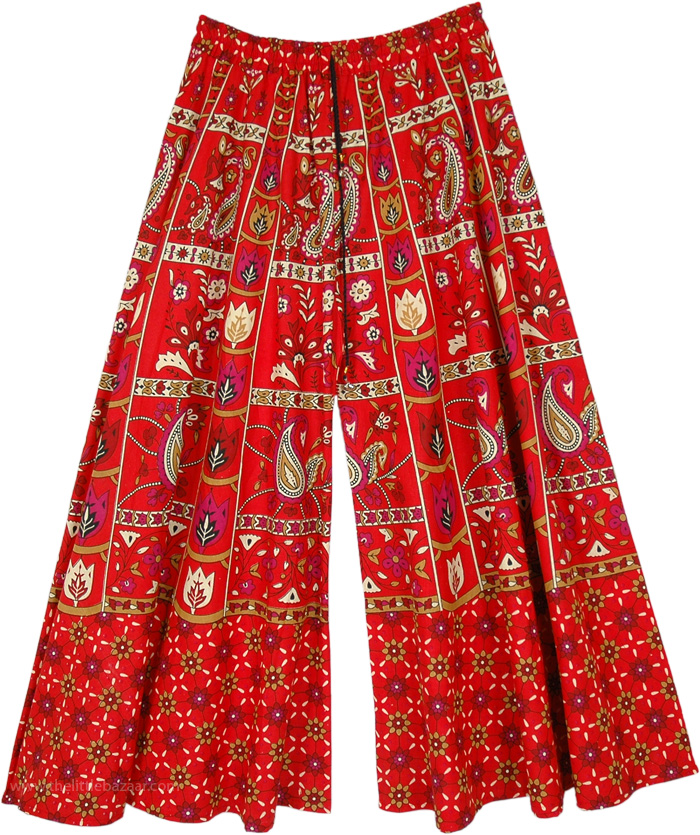 Ethnic Floral and Paisley Printed Red Palazzo Pants, Royalty Vibes Bright Red Printed Wide Leg Pants