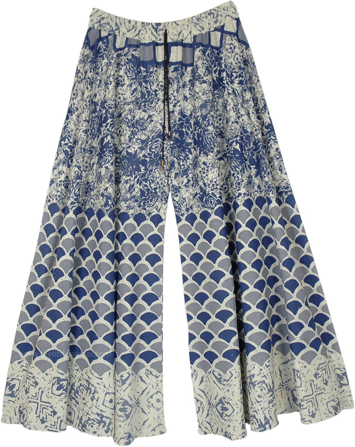 Floral Printed Off White Palazzo Pants, Tropical Shift Off White Blues Wide Leg Palazzo Pants