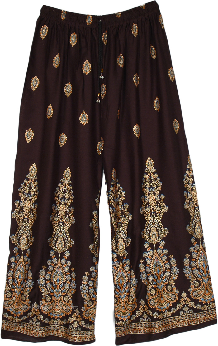 Mahogany Rayon Pants with Elastic Waist and Drawstring, Ethnic Beauty Straight Rayon Pants with Folk Print