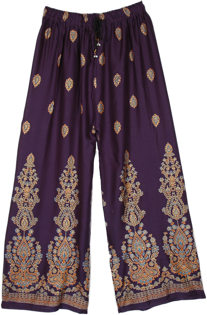 Violet Rayon Pants with Elastic Waist and Drawstring, Majestic Beauty Straight Rayon Pants with Folk Print