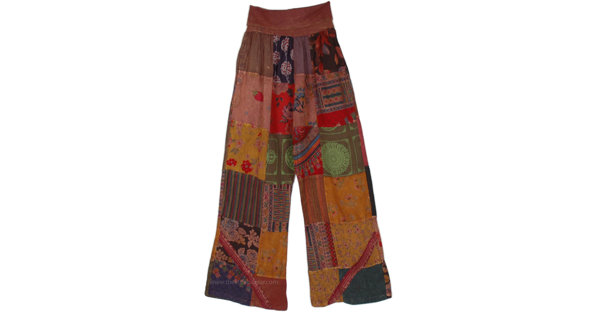 Small Waist Desert Rose Boho Mixed Patchwork Straight Pants | Brown ...