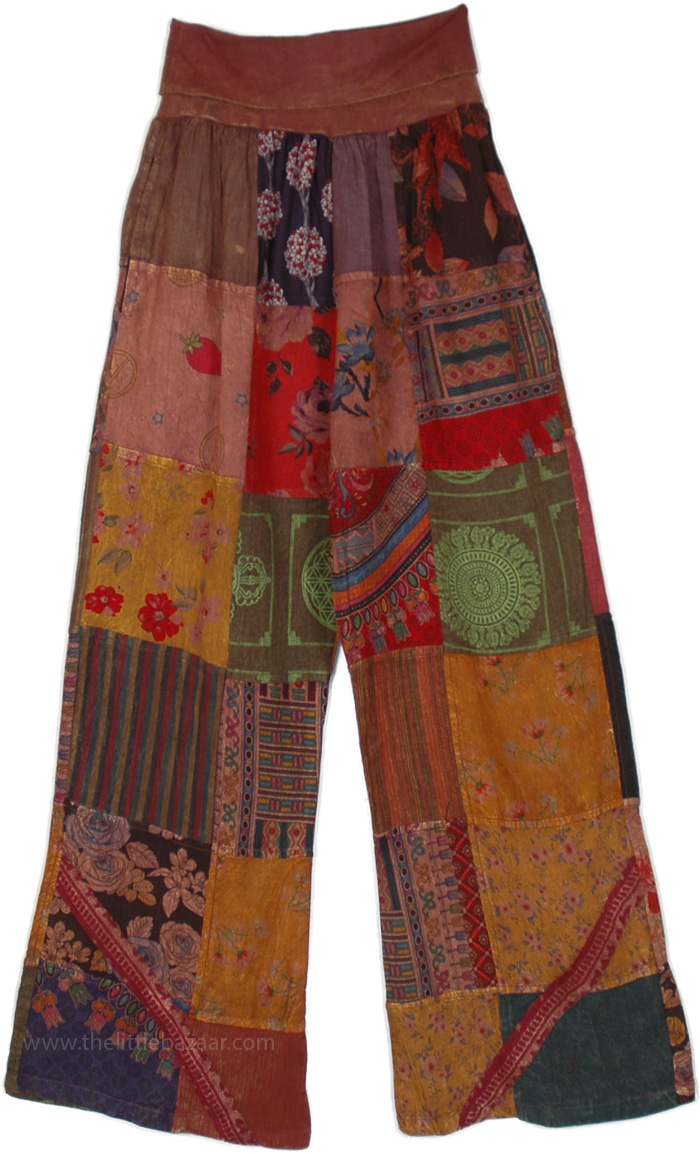 Small Waist Desert Rose Boho Mixed Patchwork Straight Pants, Brown