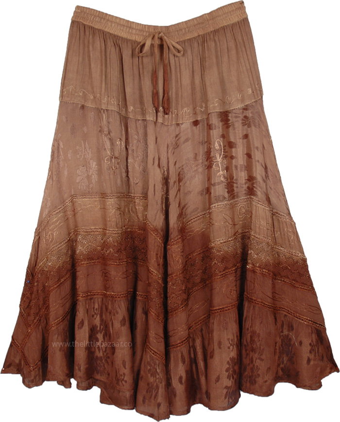 BrownOmbre  Renaissance Skirt with Embroidery, Old Copper Ombre Midi Western Skirt
