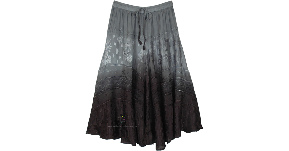 Seagull Grey Ombre Midi Western Skirt Grey Embroidered